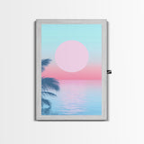 Vaporwave Sunset Framed Canvas Print with Wood Frame, Boho Style Minimalist Home Decor, Vertical Wall Art, Beach Painting