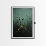 Moody Wild Flowers Print, Framed Canvas, Boho Decor, Wildflowers in a Rain Storm, Modern Farmhouse, Rustic Decor