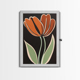 Orange Tulip  with Black Background, Framed Canvas Print, Cute Floral Print, Botanical Minimalist Home Decor
