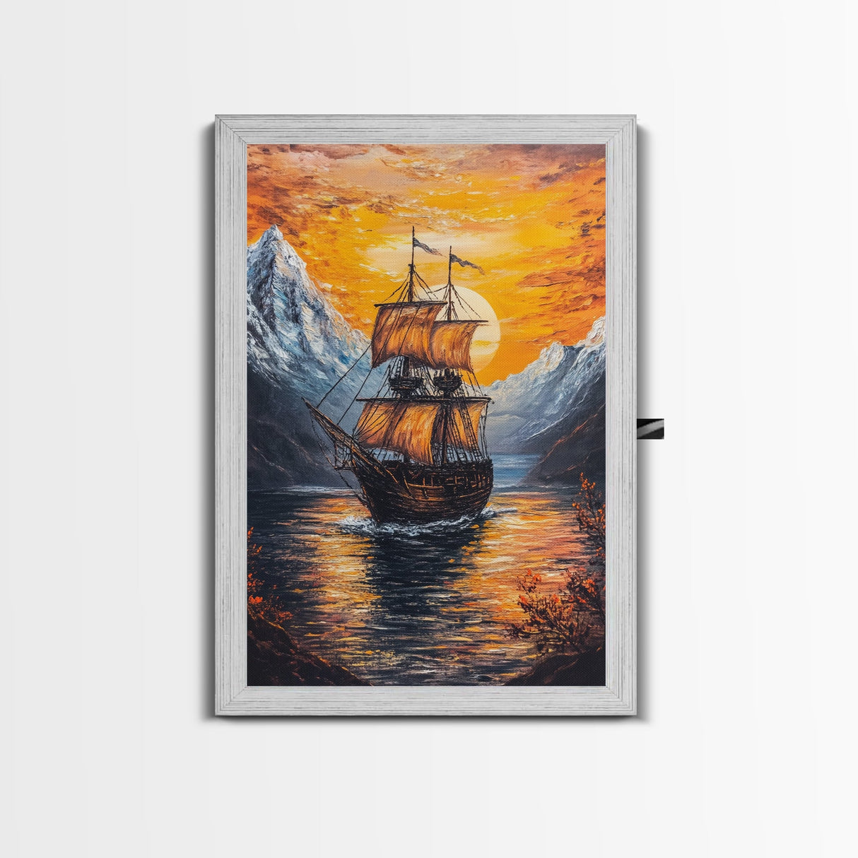 Pirate Ship Sails At Sunset, Nautical Wall Art, Fantasy Decor, Pirate Themed Art, Oil Painting, Fantasy Wall Art, Fantasy Decor