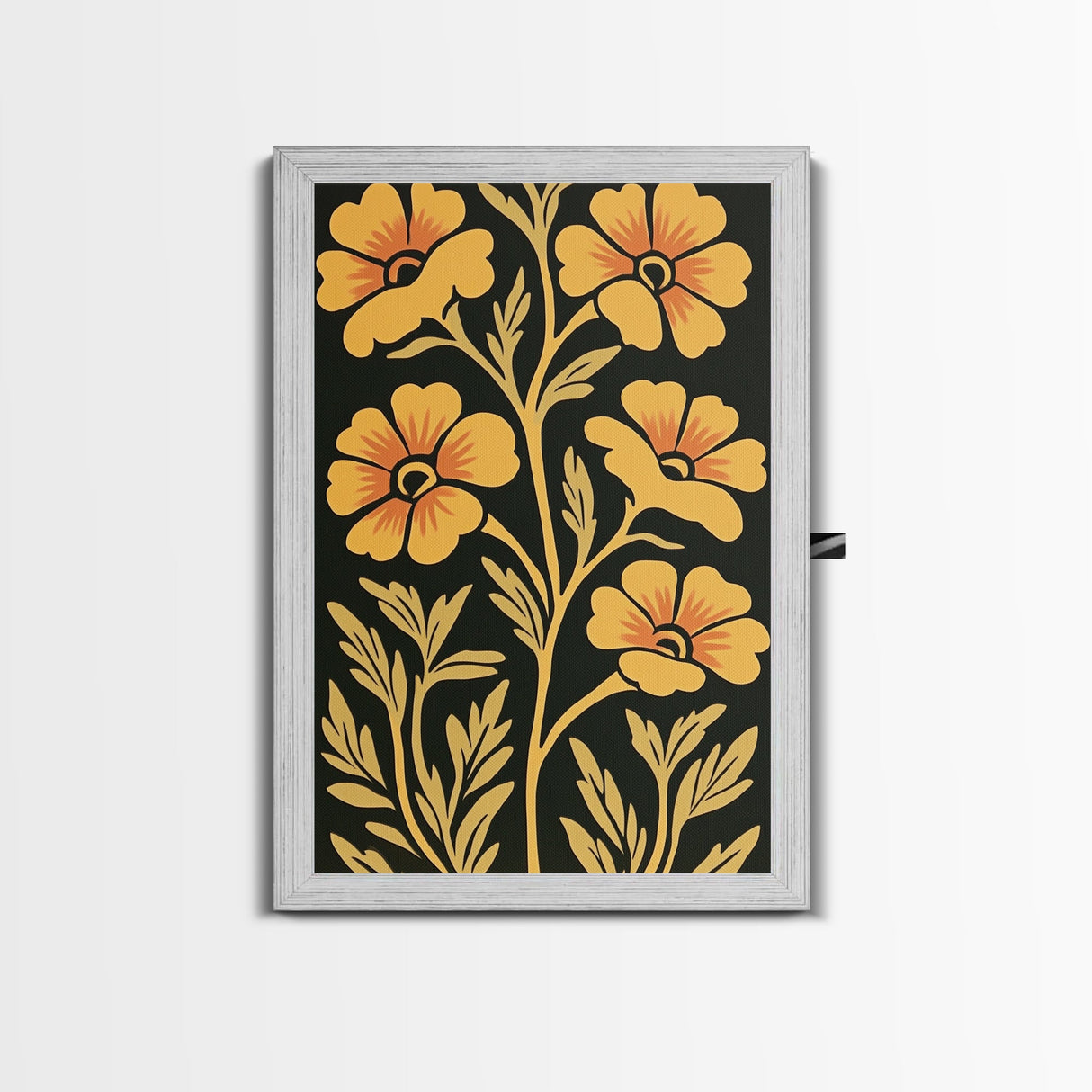 Framed Canvas Wall Art Botanical Print, Yellow Flowers on Black background, Wildflowers, Botanical Floral Modern Art, Boho Decor