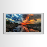 Sunset Over A Rocky River, Framed Canvas Print, Landscape Photography Style Wall Art, Beautiful Home Decor