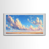 Panoramic Oil Painting Print of A Cloudy Sky Framed Canvas Print, Boho Minimalist Home Decor, Guest Room Wall Art