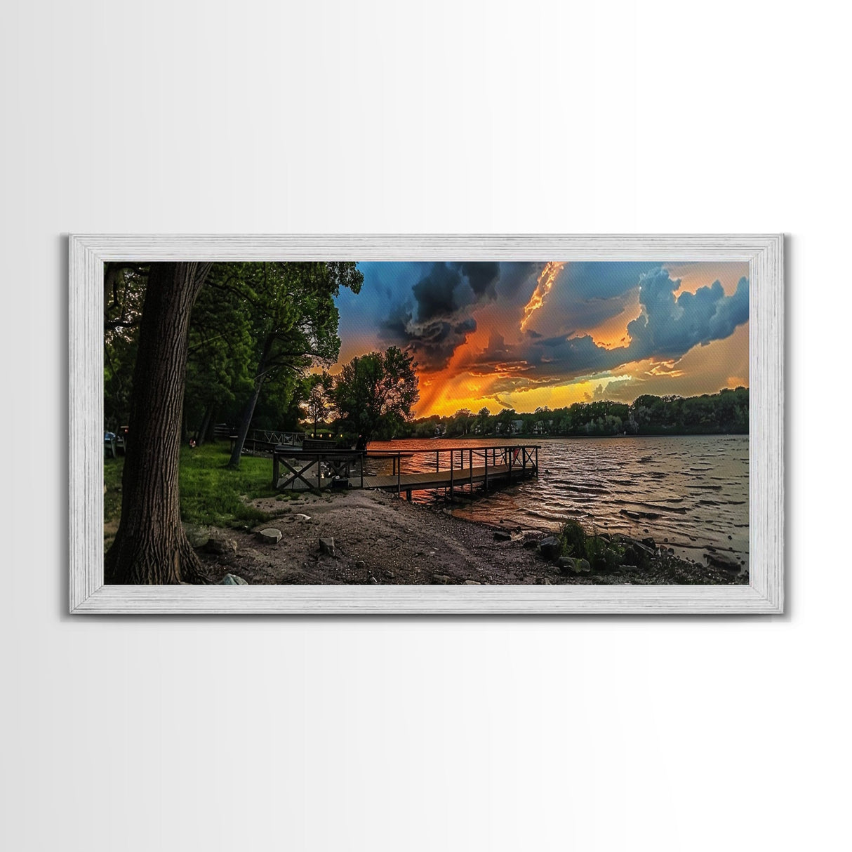 Sunset At The Lake Framed Canvas Print, Lakehouse Decor, Rustic Modern Farmhouse Wall Art, Photography Style Landscape Art