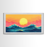 Synthwave Sunset Over Ocean Waves, Framed Canvas Print, Retro 80s Inspired Home Decor Wall Art