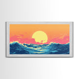 Vaporwave Sunset Over Ocean Waves Framed Canvas Print, Retro Vibes Wall Art