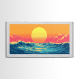 Retro Sunset Over The Ocean, Framed Canvas Print, Beautiful Synthwave Horizontal Wall Art