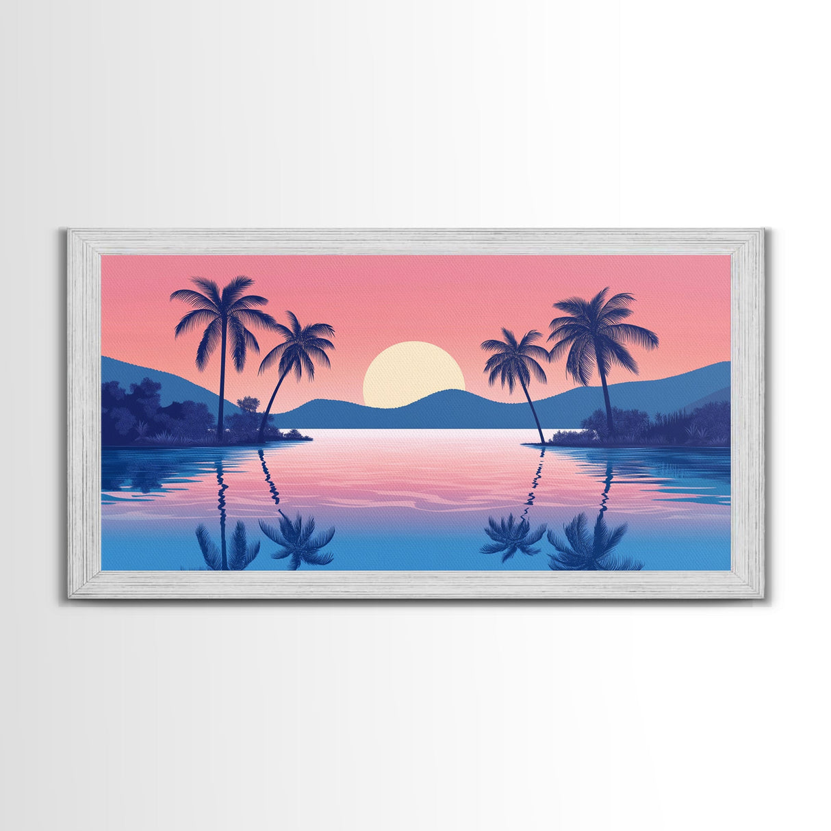 Abstract Vaporwave Sunset Over A Beach Landscape, Framed Canvas Print, Modern Art, Unique Wall Decor, Framed Canvas Art