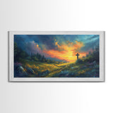 Painting Of a Cross in A Beautiful Landscape Christian Wall Art Framed Canvas Print