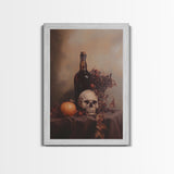 Still Life of a Skull and Wine Framed Canvas Print, Oil Painting Print, Gothic Decor, Dark Academia Macabre Halloween Wall Art, Witchy Decor