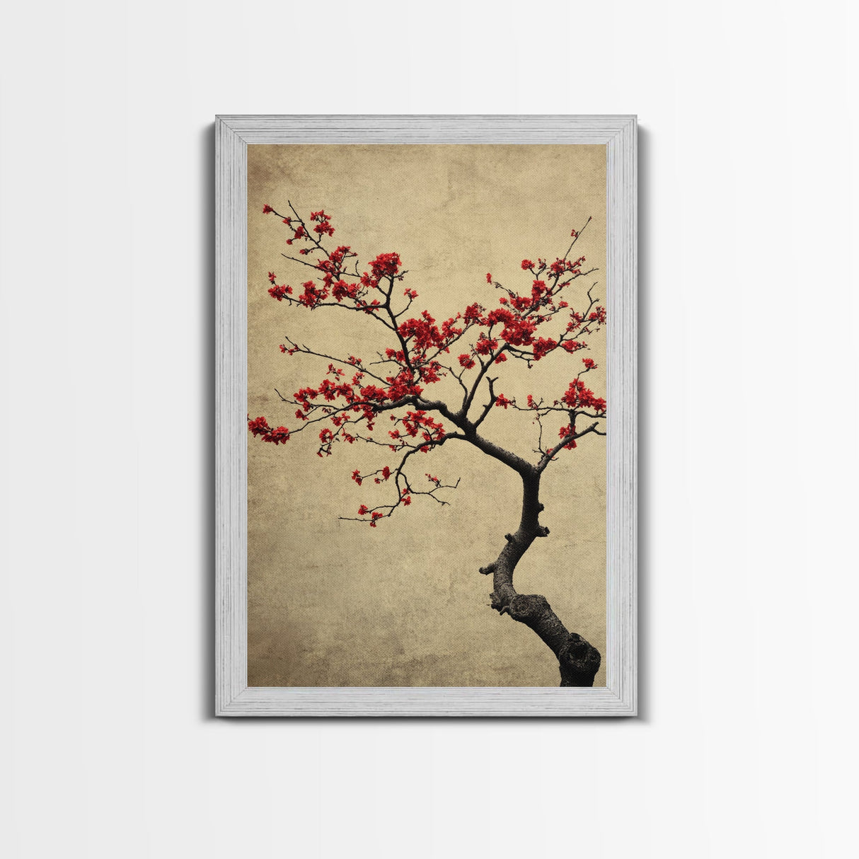 Japanese Maple Tree in Spring, Framed Canvas Print, Cherry Blossoms Painting, Wood Framed Living Room Art, Minimalist Decor