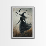 The Witch and her Ravens, Framed Canvas print, Spooky Season Halloween Wall Art, Gothic Home Decor, Witch Wall Art, Halloween Art