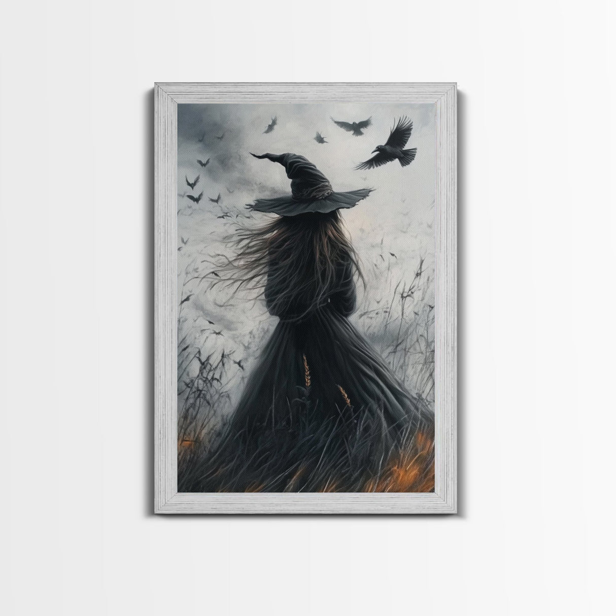The Witch and her Crows, Framed Canvas print, Spooky Season Halloween Wall Art, Gothic Home Decor, Witch Wall Art, Halloween Art
