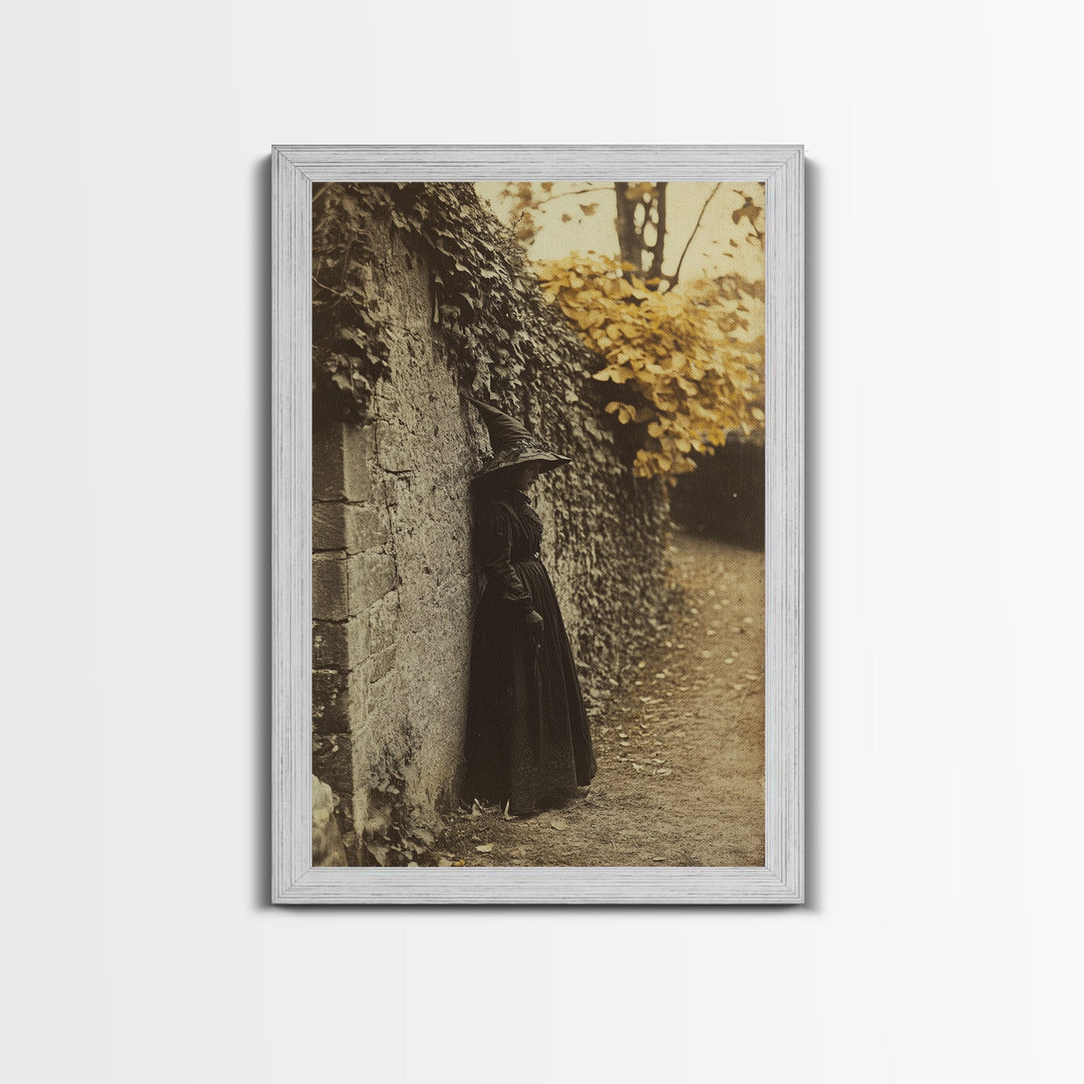Sad Witch in the Fall Framed Canvas Print, Gothic Home Decor, Witch Photography Style Art