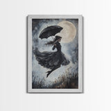 Witch Flying with an Umbrella, Framed Canvas Print, Witchy Decor, Halloween Wall Art, Goth Art, Dark Academia
