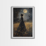 Witch Under a Full Moon Framed Canvas Print, Vintage Art Prints, Dark Academia, Witchy Gifts, Halloween Prints, Gothic Wall Art