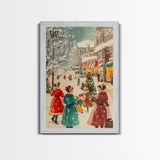 Winter Wall Art Christmas Canvas Print - 1950s Style Post Card Art - Christmas Decor - Christmas Shoppers In The Streets - Christmas Village Art