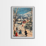 Ice Skating in The Streets on Christmas Morning Framed Canvas Print - Retro Christmas Village Wall Art - Christmas Above Mantle Centerpiece Art