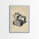 Retro Sketch of Christmas Gifts Canvas Print - Framed Canvas - Minimalist Christmas Art - Boho Christmas Art - Rustic Christmas Art