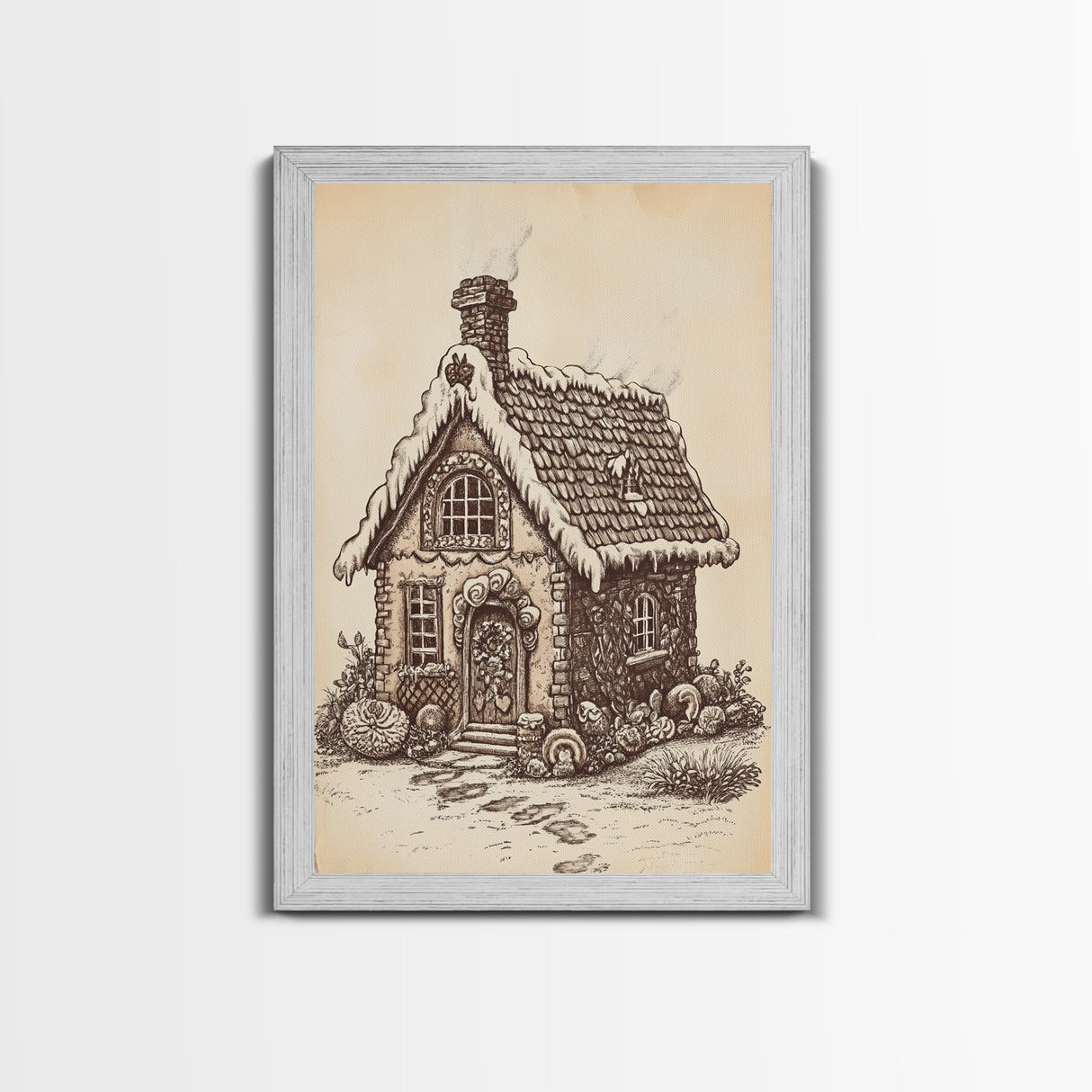Ginger Bread House Canvas Print - Framed Canvas - Minimalist Christmas Art - Boho Christmas Art - Rustic Christmas Art