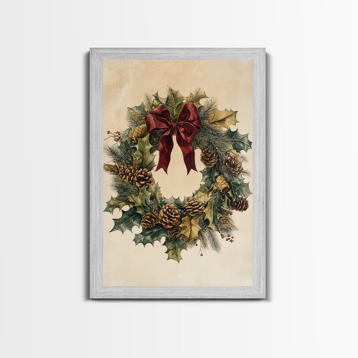 Vintage Christmas Wreath Canvas Print - Framed Canvas - Minimalist Christmas Art - Boho Christmas Art - Rustic Christmas Art