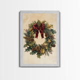 Vintage Christmas Wreath Canvas Print - Framed Canvas - Minimalist Christmas Art - Boho Christmas Art - Rustic Christmas Art