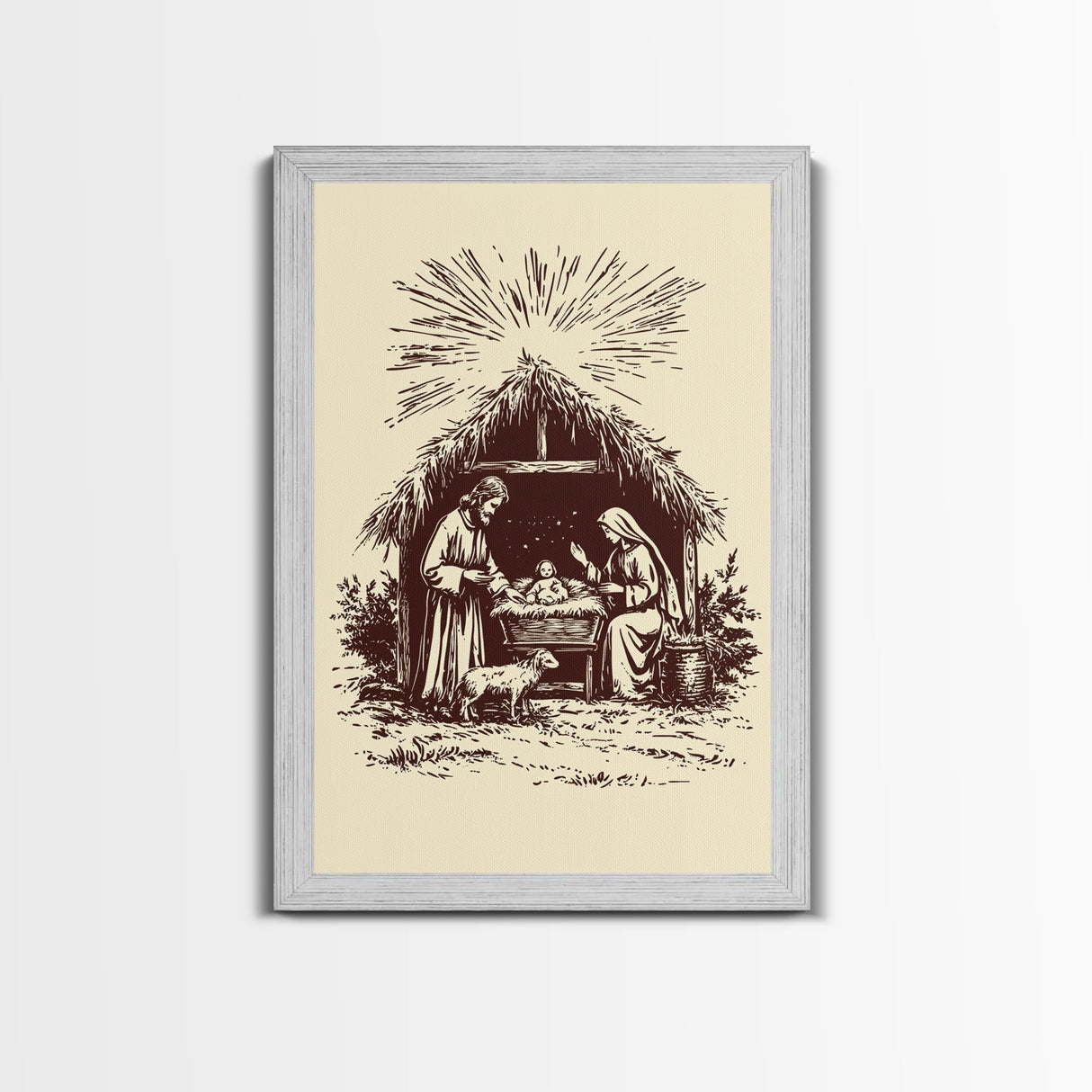 Retro Nativity Scene Canvas Print - Framed Canvas - Minimalist Christmas Art - Boho Christmas Art - Rustic Christmas Art