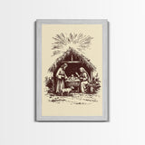 Retro Nativity Scene Canvas Print - Framed Canvas - Minimalist Christmas Art - Boho Christmas Art - Rustic Christmas Art