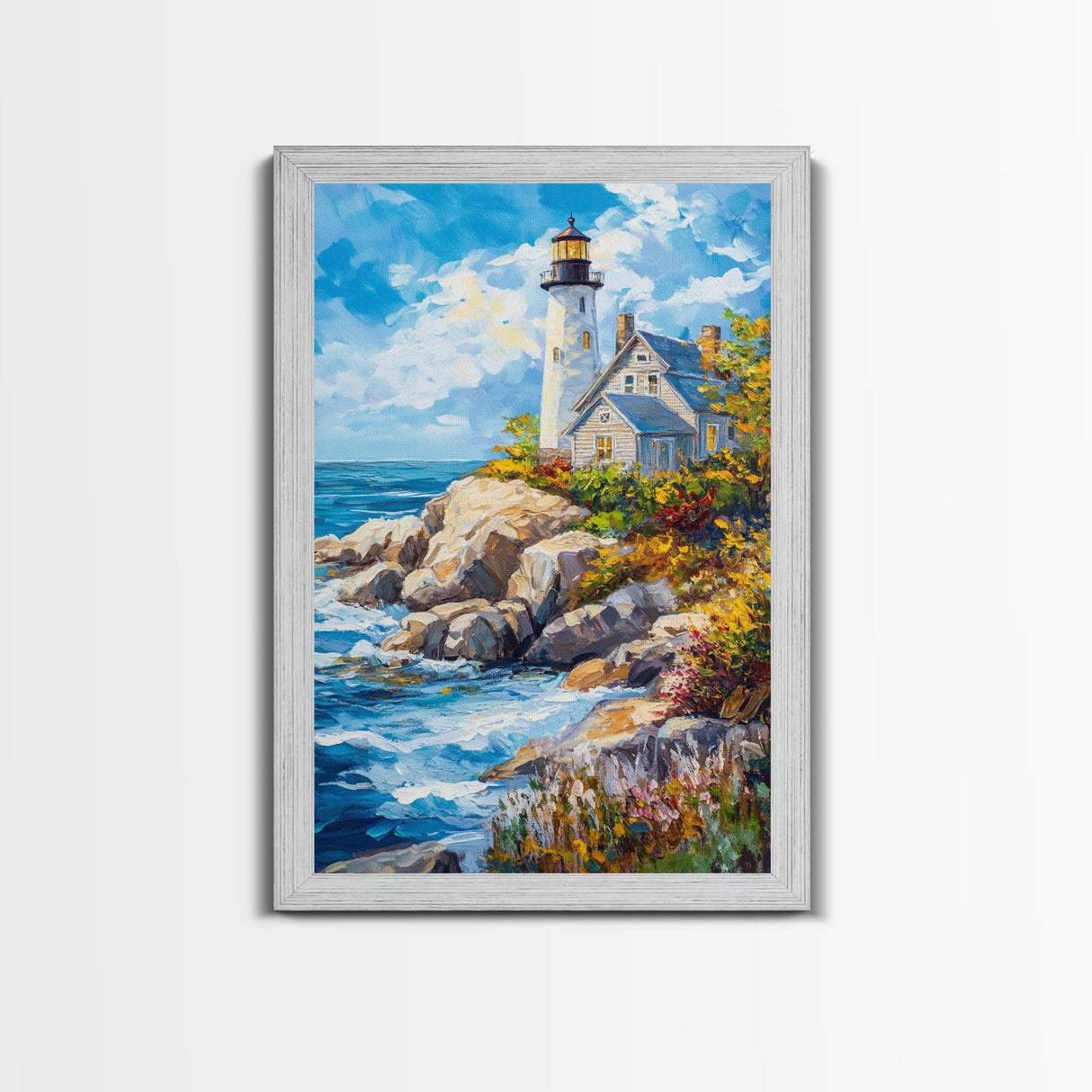 Lighthouse in Maine Framed Canvas Print, Maine Oil Painting, Coastoal Home Decor, Nautical Wall Art, Light House Oil Painting