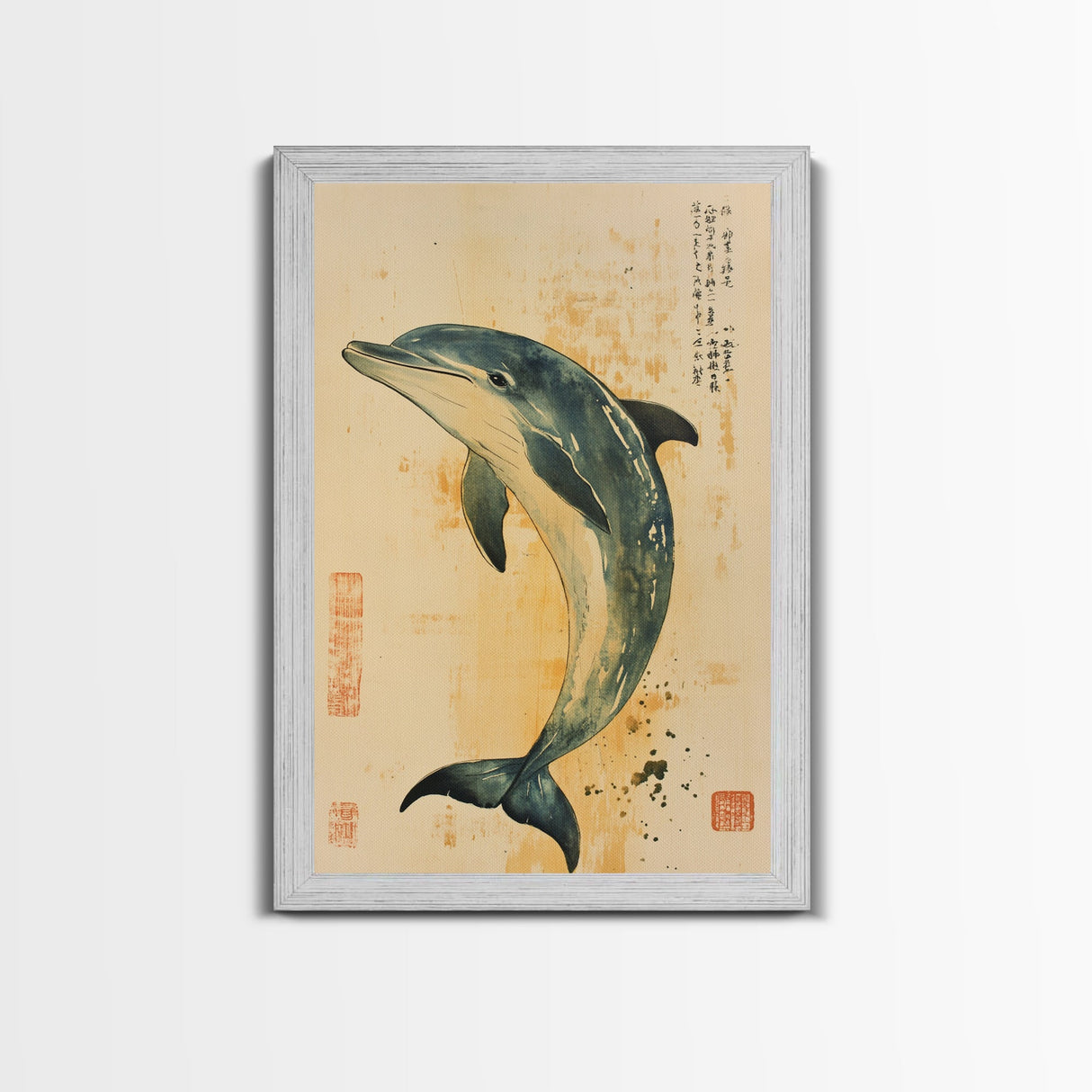 Japanese Style Dolphin Print, Nautical Decor, Framed Canvas Print, Dolphin Painting, Dolphin Art, Gift For Him, Office Art