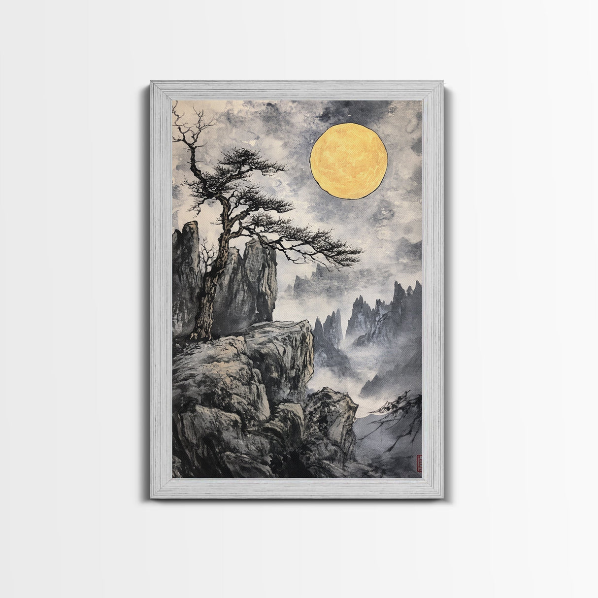 Wabi Sabi Landscape Painting Print - Japanese Style Decor - Japanese Style Art - Bonzai Tree Under a Full Moon