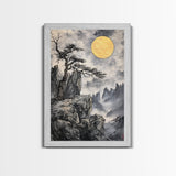 Wabi Sabi Landscape Painting Print - Japanese Style Decor - Japanese Style Art - Bonzai Tree Under a Full Moon