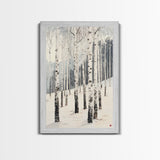 Winter Birch Tree Forest Framed Canvas Print, White Birch Trees In Winter Forest Landscape Art Print Minimalist Living Room Nature Wall Art
