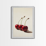 Three Cherries Framed Canvas Print, Cherry Painting, Cherry Wall Art, Ready To Hang Painting, Framed Wall Art, Photorealism, Fruit Art