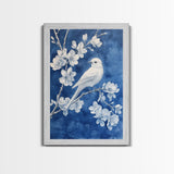 Blue Botanial Wall Art Chinoiserie Wall Art, White Bird, Blue Chinoiserie Home Decor, Botanical Print, Bird Painting, Framed Canvas Print
