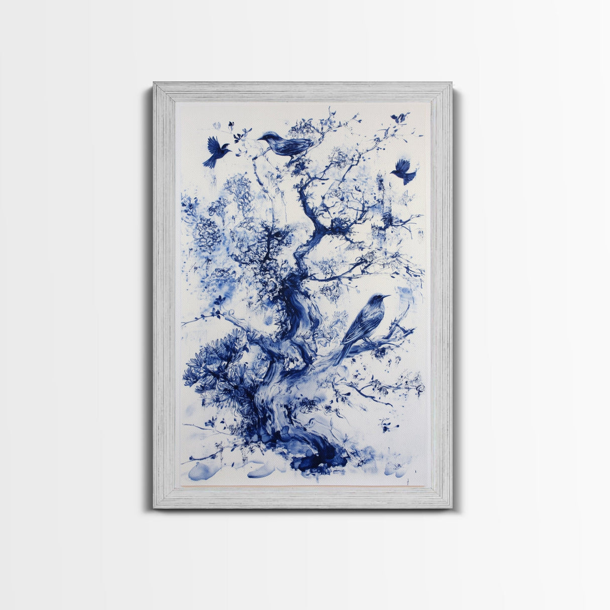 Chinoiserie Wall Art Framed Canvas Print, Blue Tree and Birds, Botanical Print, Birdwatcher Gift Idea, Chinoiserie Style Painting