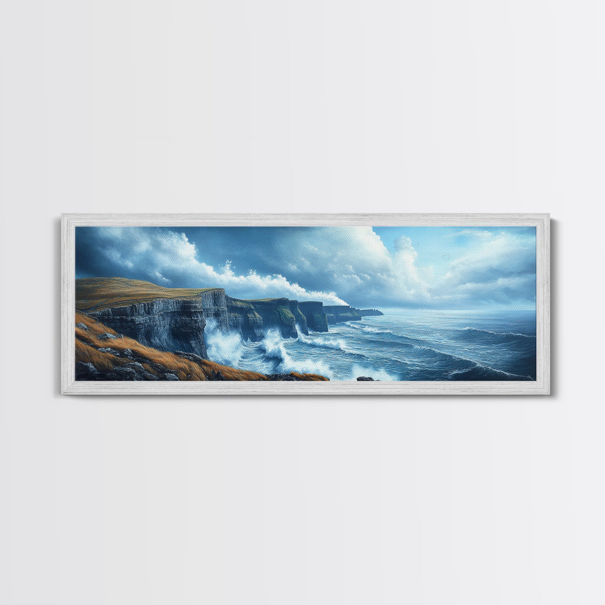 Cliffs of Moher Framed Canvas Print, Ready To Hang Ireland Painting, Irish Art, Ireland Wall Art, Horizontal Extra Large Wall Art