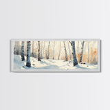 Birch Tree Forest In The Snow Covered Winter Framed Canvas Print, Panoramic Wall Art, Original Birch Tree Art, Birch Tree Painting, Horizontal Art