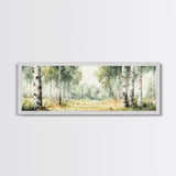 Silver Birch Trees in Spring Panoramic Canvas Print, Panoramic Painting, Aspen Trees Painting, Forest Landscape Horizontal Wall Art