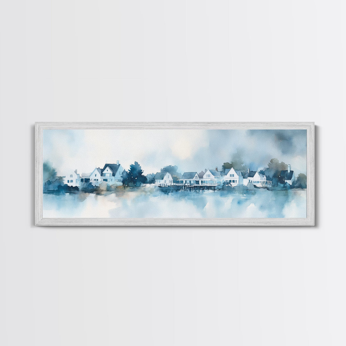 Horizontal Painting Print of Nantucket, Framed Canvas, Nautical Decor, Seascape landscape painting, Panoramic Nantucket Wall Art