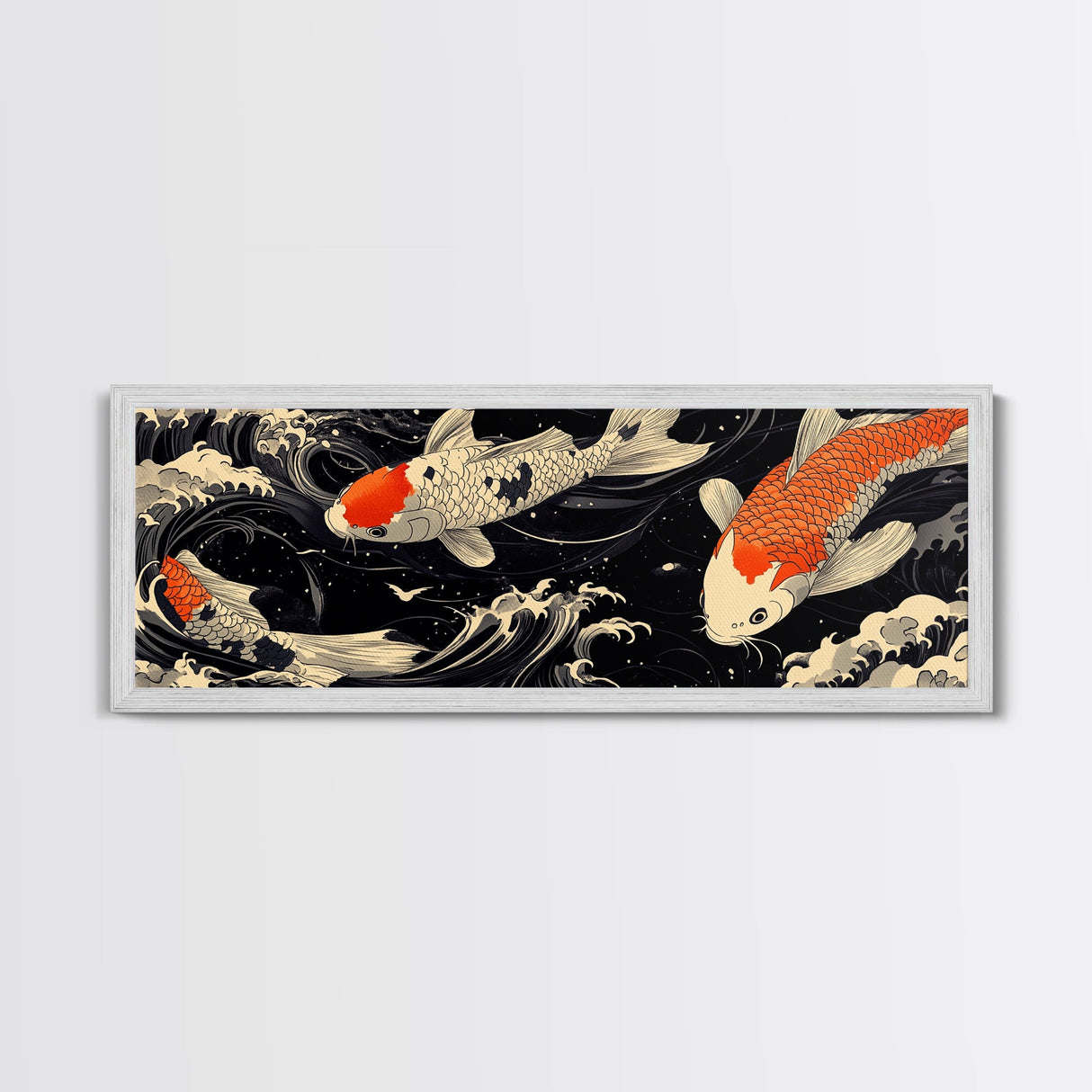Wabi Sabi Boho Painting Print of Ko Fish, Japanese Style Decor, Panoramic Horizontal Wall Art, Extra Wide 70 Inch Wall Art, 72 Inch Wide Art