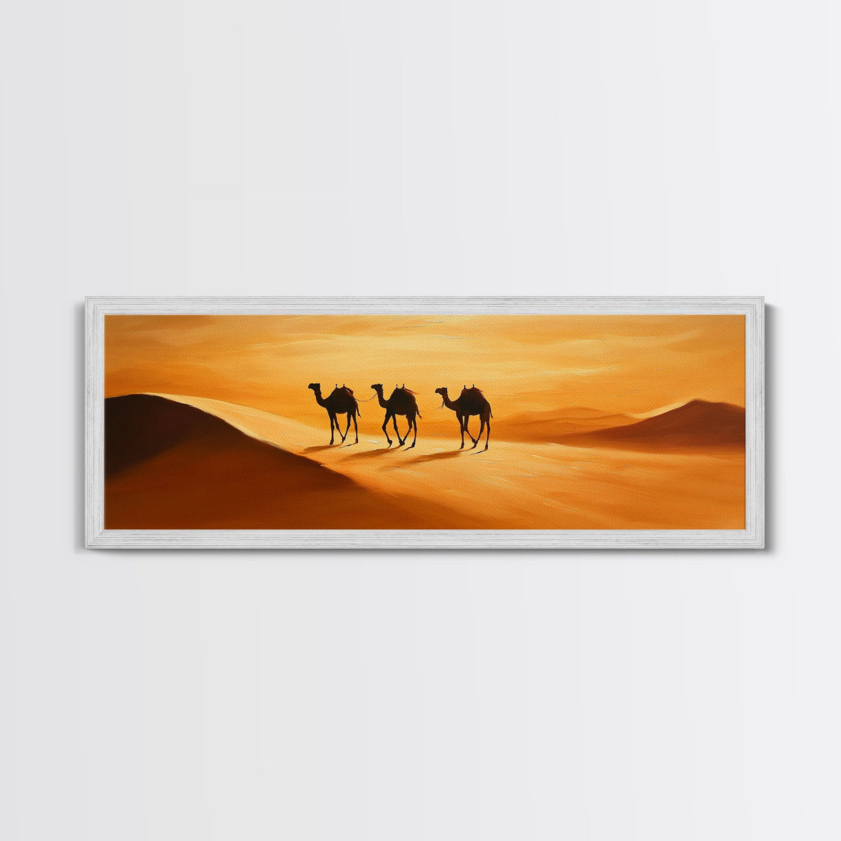 Camels in the desert Framed Canvas Print, Desert Painting, Desert Wall Art, Southwestern Decor, Minimalist Decor, Orange Hues Art