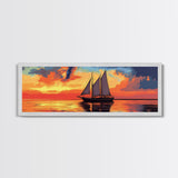 Pirate Ship at Sunset Framed Canvas Print - Panoramic Wall Art - Sailboat Painting - Sail Boat Art - Nautical Decor - Lake House Art