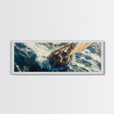 The Storm - Sailboat Battles a Hurricane Framed Canvas Print Panoramic Nautical Decor Fisherman Painting Nautical Landscape Painting