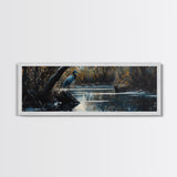 Blue Heron Wall Art, Framed Canvas Print, Nautical Home Decor, Blue Heron Painting, Panoramic Horizontal Wall Art