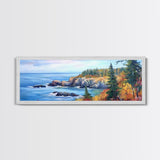 Acadia National Park, Framed Canvas Print, Acadia Watercolor Painting, Extra Wide Panoramic Wall Art, Horizontal Mountain Landscape Painting