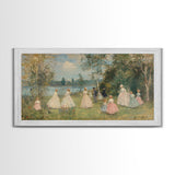 Victorian Spring, Framed Canvas Print, Victorian Style Oil Painting of Ladies On The River