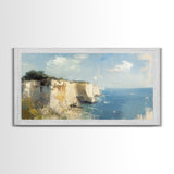White Cliffs of Dover Framed Canvas Print, England Landscape Painting, Whimsical Wall Art, Light and Airy Eclectic Home Decor, Room Brightening