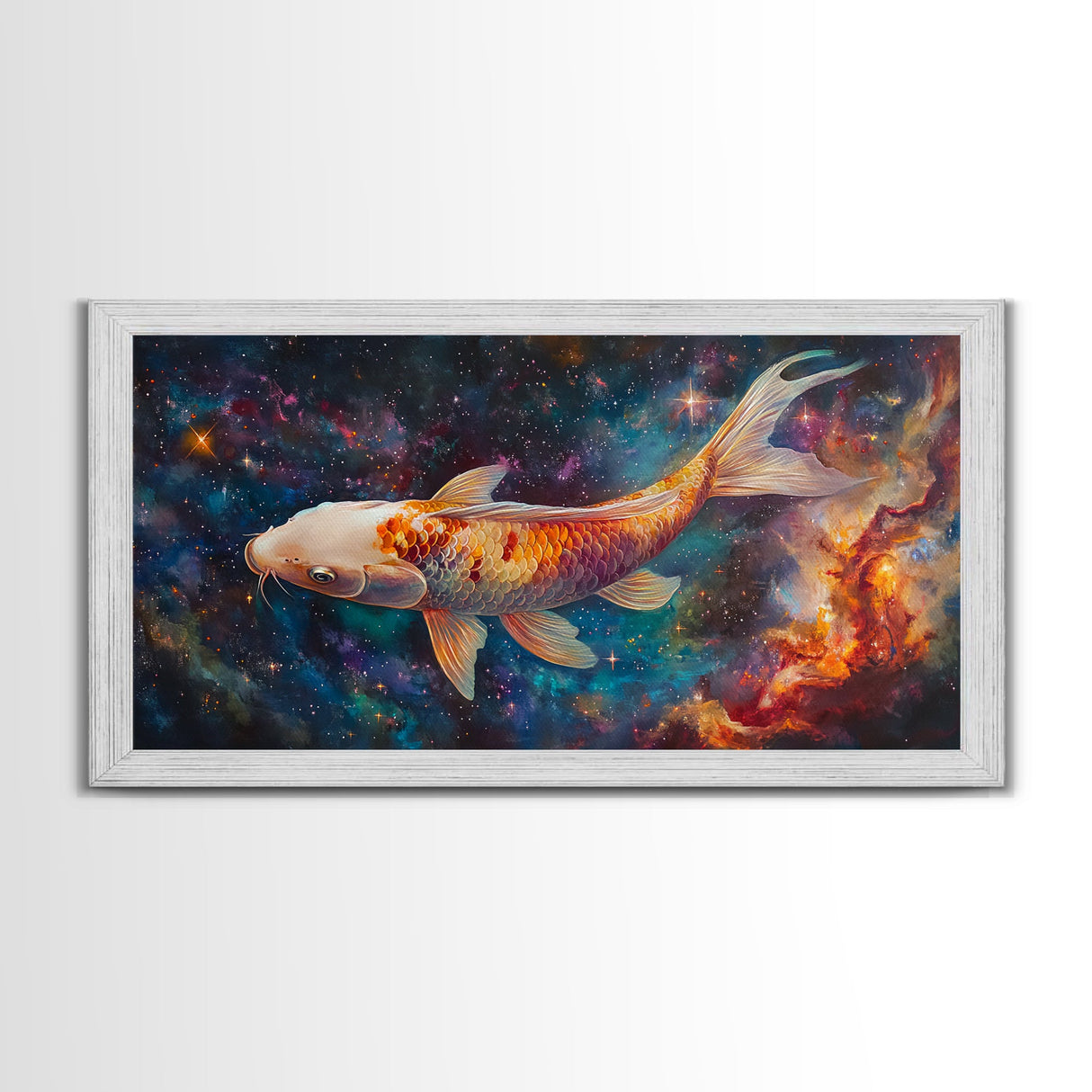 Koi Fish in Space, Framed Canvas Print, Abstract Wabi Sabi Style Painting, Koi Fish Home Decor, Japanese Style Artwork, Boho Decor