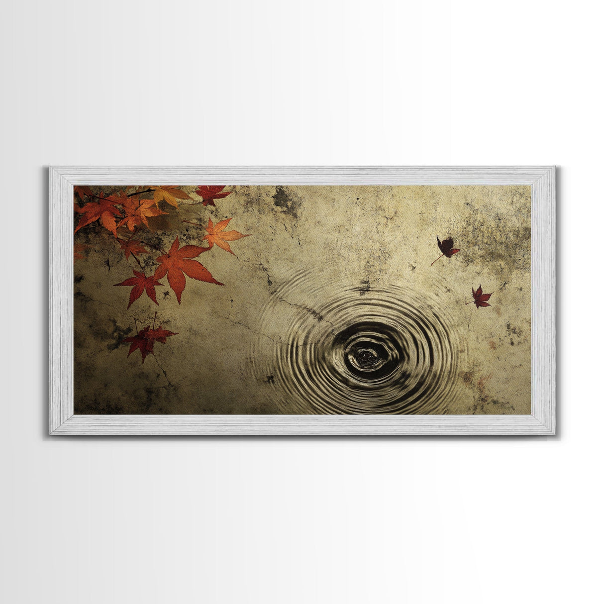 Rain Drops In The Fall, Framed Canvas Print, Thought Provoking Wall Art, Wabi Sabi Style Boho Minimalist Wall Art - Reflections